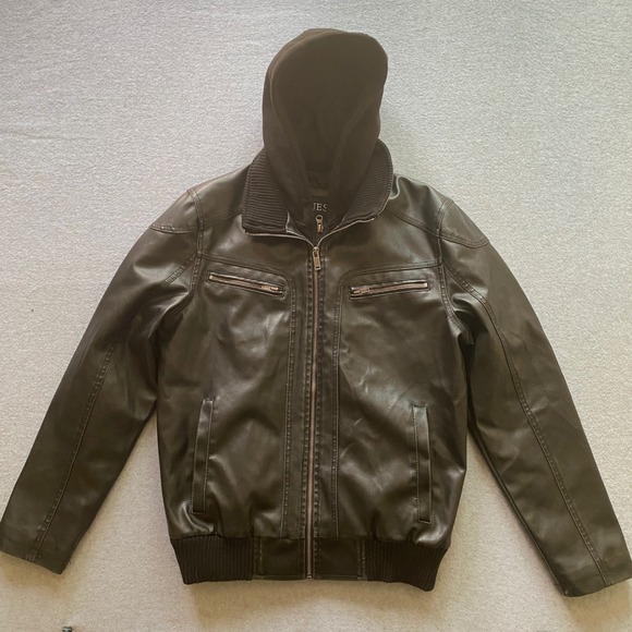 Guess Other - Guess Mens Faux Brown Leather Bomber Jacket Black Hooded Bib Layered Coat Medium